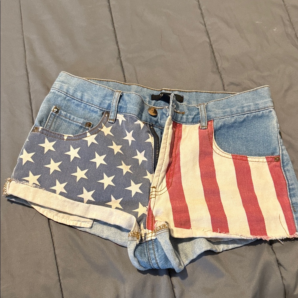 Forever 21 Blue and Red Star-Stripe Jean Shorts